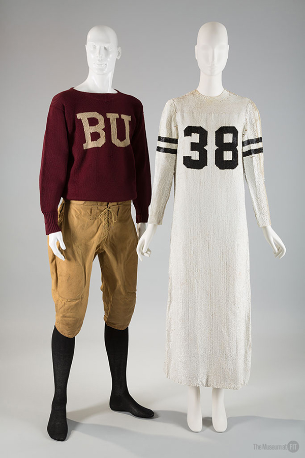 Football uniforms: (left) c. 1920, (right) Geoffrey Beene, “football jersey” dress, AW67!