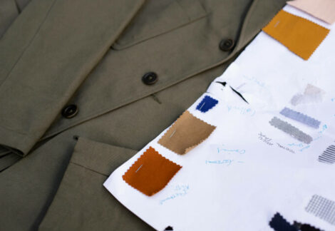 close up khaki utility jacket and fabric options
